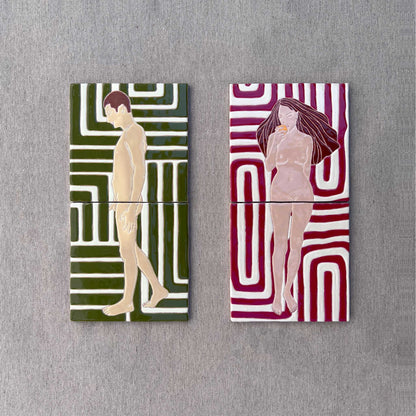 Two small tile murals - one male, one female - on a coloured background