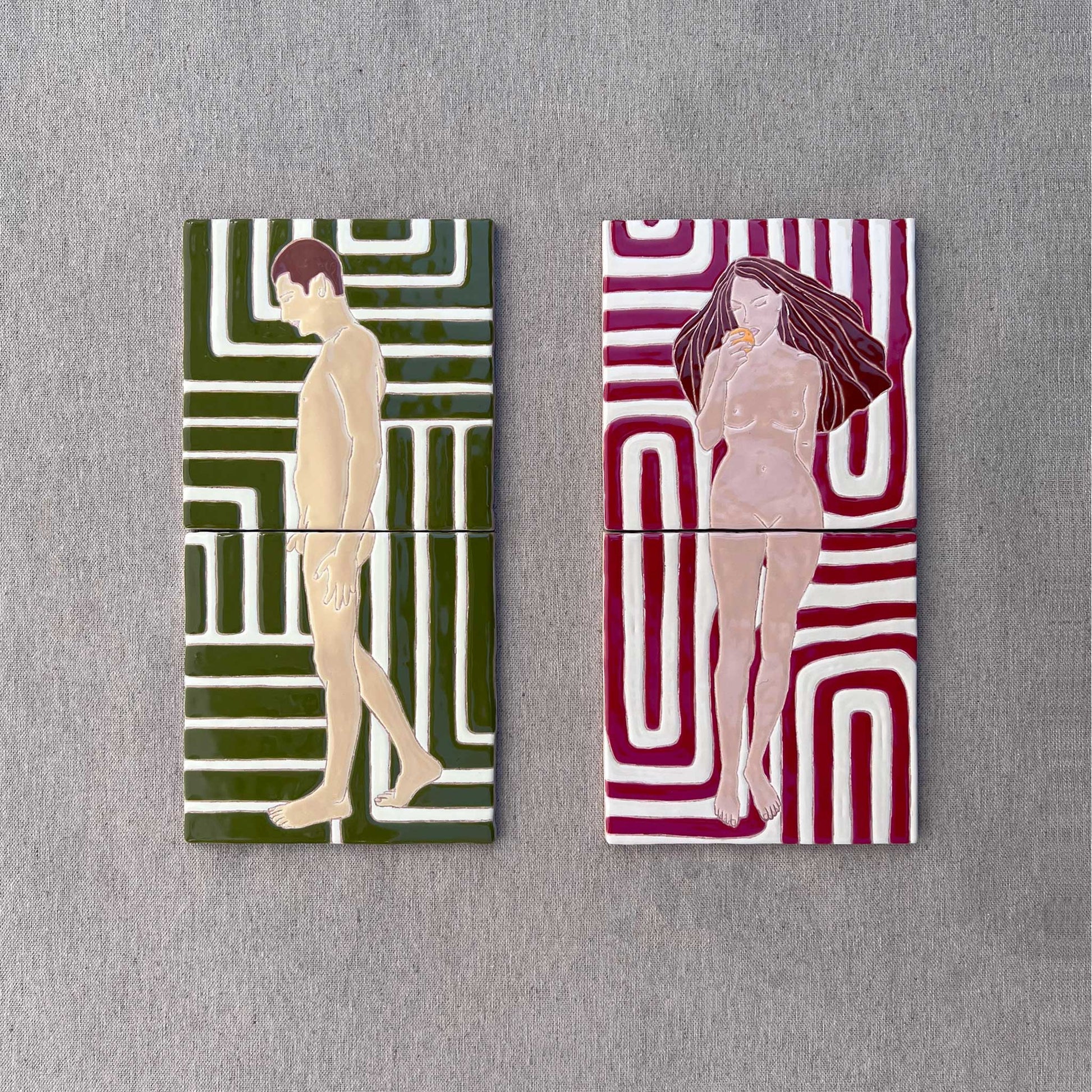 Two tile diptychs - one showing a pensive male on a green and white background, the other showing a woman against a red and white background